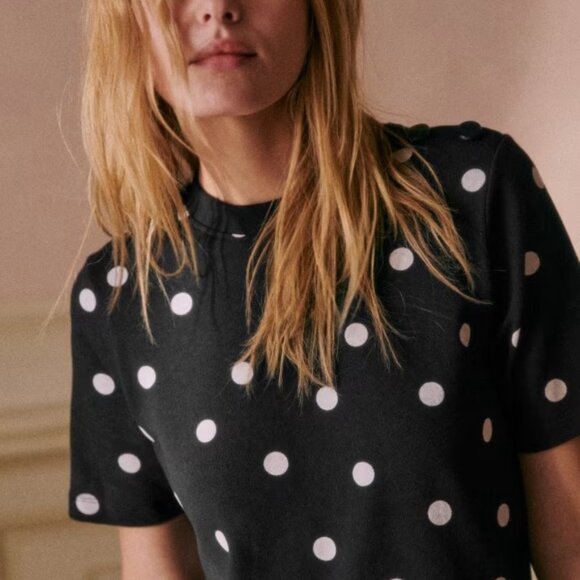 SEZANE Emy Polka Dot Tee-Shirt Dress Crew Neck Short Sleeve Black Ecru - Picture 5 of 14